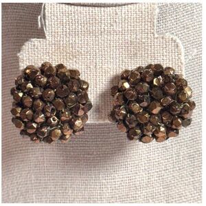 Vintage 1" Knotted Glass Brown Beaded Clip-On Earrings With Filigree Backing